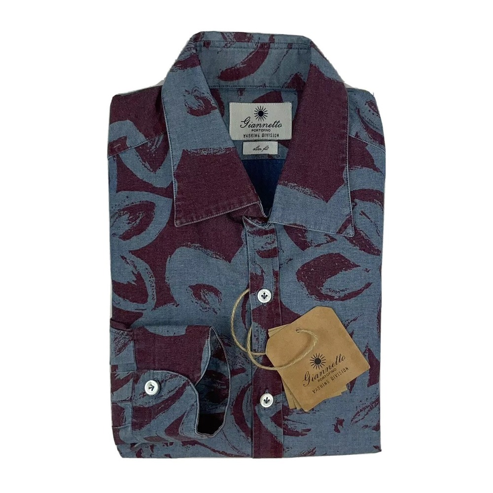 Giannetto Slim Fit Blue Red Floral Mens Cotton Button Front Shirt 16.5/42 NWT